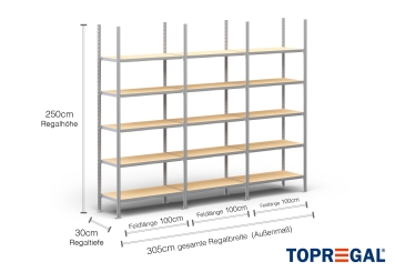 3 m heavy duty shelf FB200 / 30 cm deep / 2,5 m high / 5 levels / rack layer Wood / compartment load capacity 200 kg 