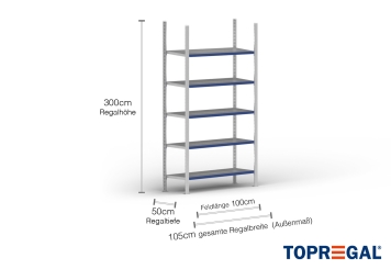 1 m heavy duty shelf FB200 / 50 cm deep / 3 m high / 5 levels / rack layer Steel / compartment load capacity 200 kg 