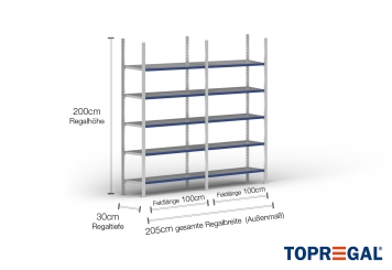2 m heavy duty shelf FB200 / 30 cm deep / 2 m high / 5 levels / rack layer Steel / compartment load capacity 200 kg 