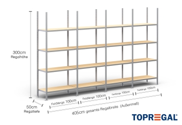 4 m heavy duty shelf FB200 / 50 cm deep / 3 m high / 4 levels / rack layer Wood / compartment load capacity 200 kg 