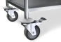 Small shelf trolley made of stainless steel, 2 levels, load capacity 100 kg, detailed view Swivel castors with parking b