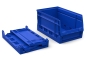 Foldable open-fronted storage box blue RAL 5017 folded left, upright right