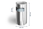 Stainless steel waste bin with ashtray dimensioned, width 250 mm, height 500 mm, opening 95 mm in perspective view from 