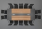 ANJA 360i set conference table grey-walnut brown in application example with 14 chairs in plan view