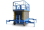 Semi-electric scissor lift SBE1000 load capacity 500 kg with unfolded outriggers, railings and entrance to the platform