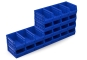Several foldable open-fronted storage bins blue RAL 5017 stacked on top of and next to each other