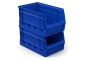 Two foldable open-fronted storage bins blue RAL 5017 stacked on top of each other