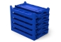 Several foldable open-fronted storage bins blue RAL 5017 stacked on top of each other