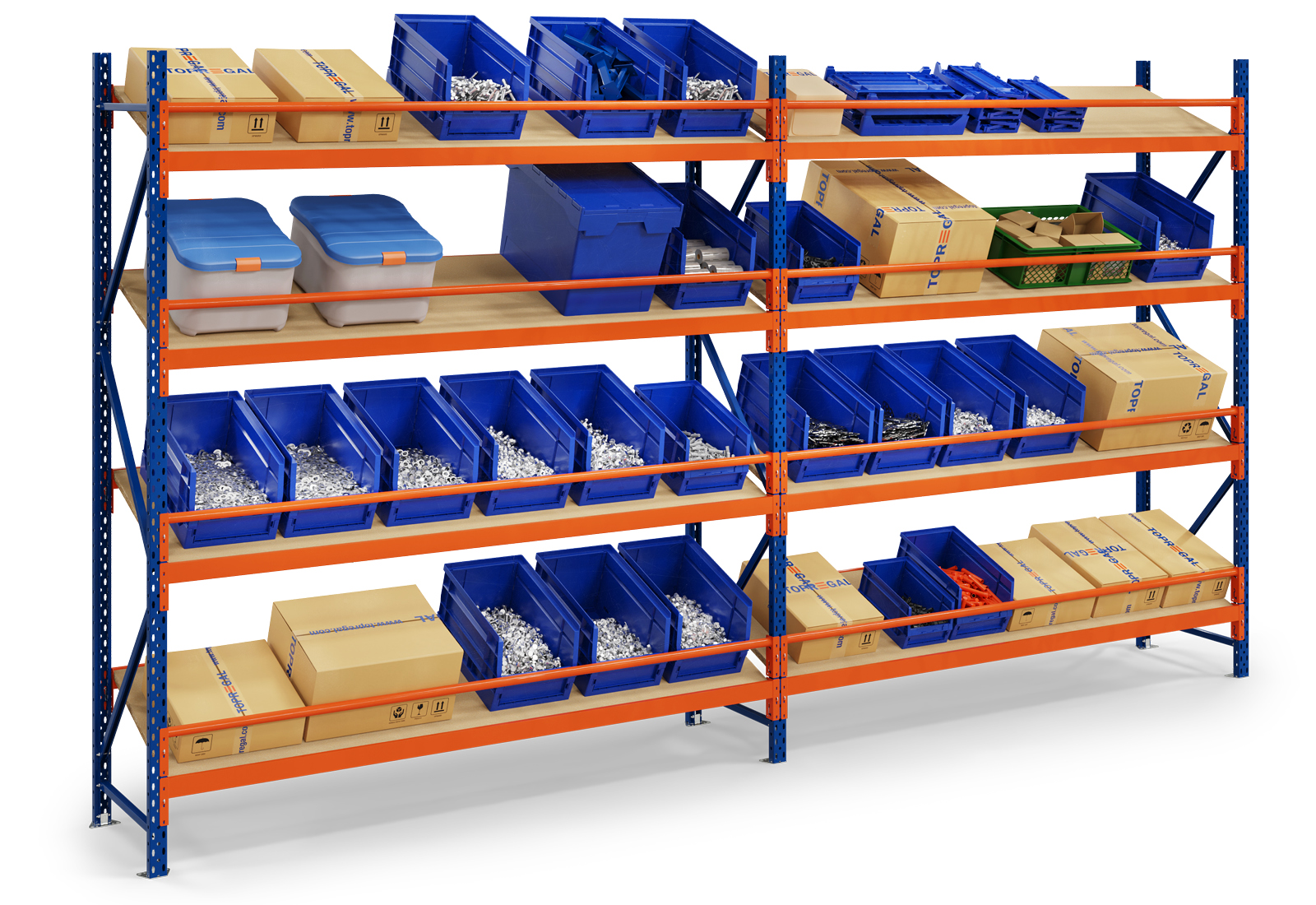 Use of slanted shelving with cardboard boxes and open-fronted storage bins