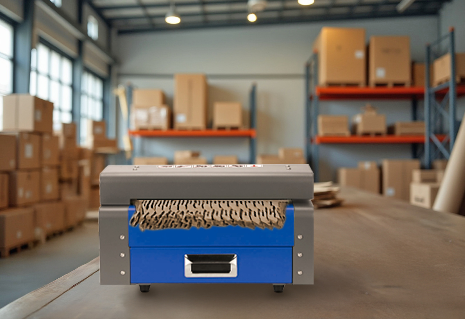 Cardboard shredder in use on packing table