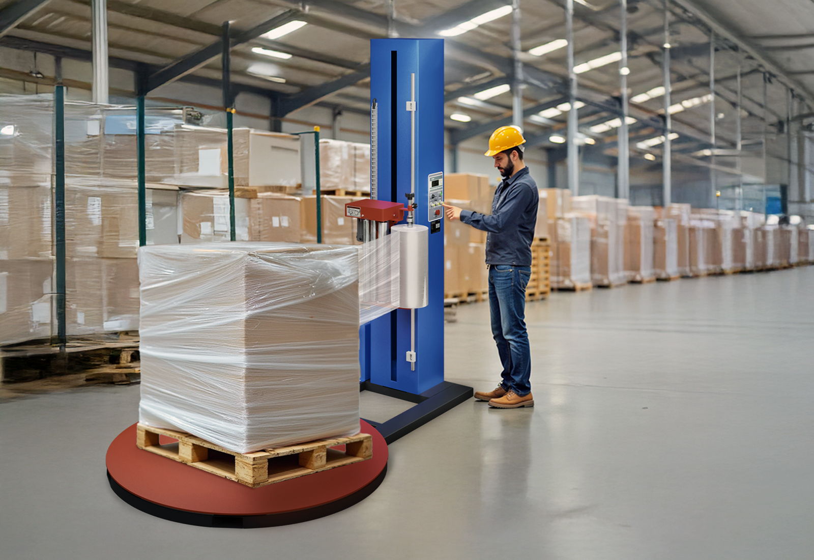 Film strapping of a pallet using a strapping machine in the warehouse