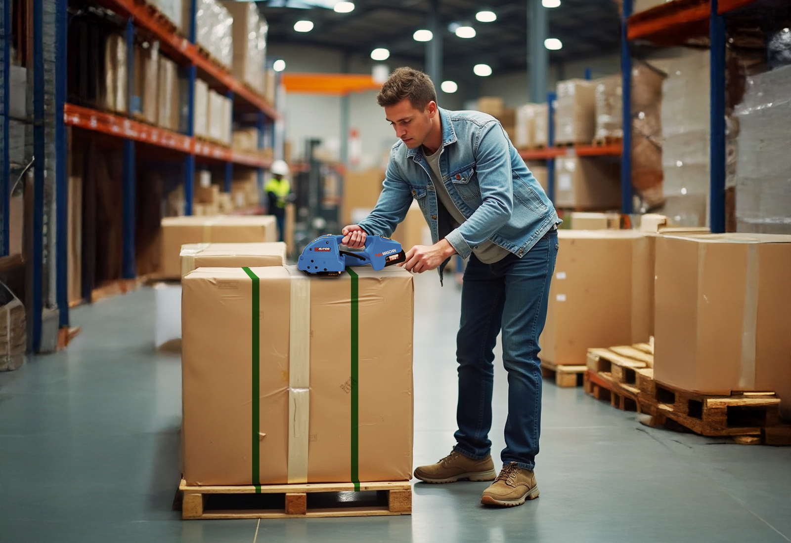Strapping process of a packed pallet with a mobile manual strapping machine